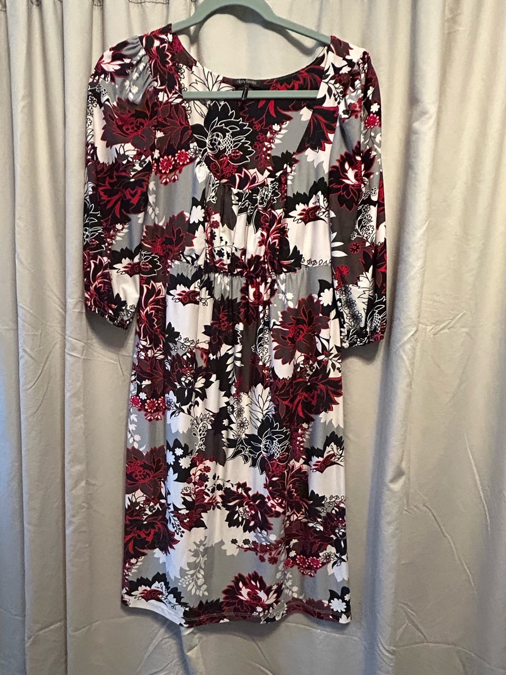 Daisy Fuentes Burgundy, Black and White Floral Midi Dress
